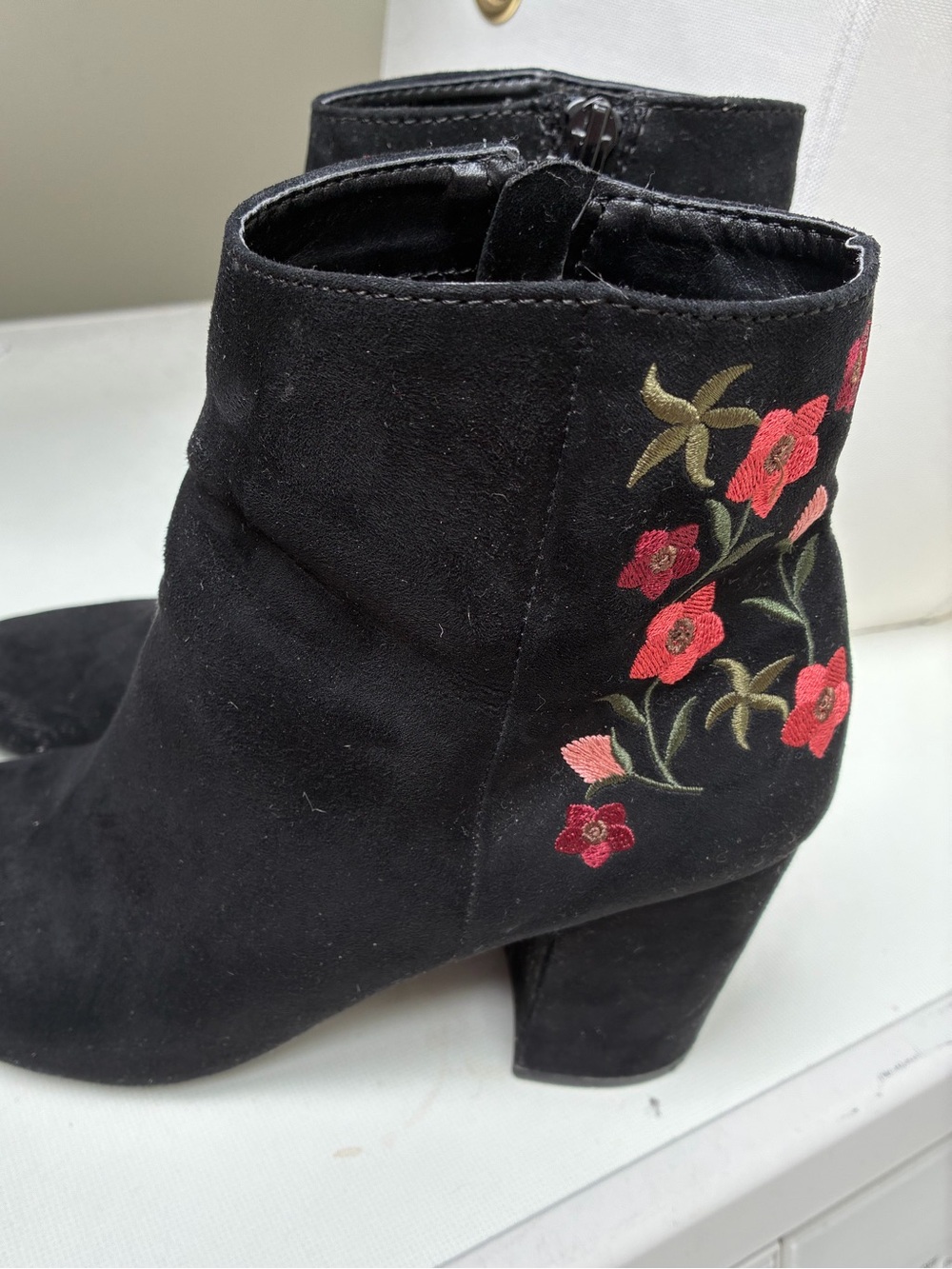 Black Suede Ankle Booties with Red Floral Embroidery